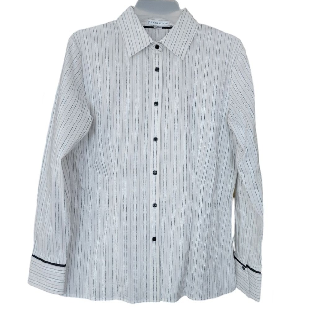 Pendleton Women's White Black Striped Button Down Stretch Shirt Blouse Size 12